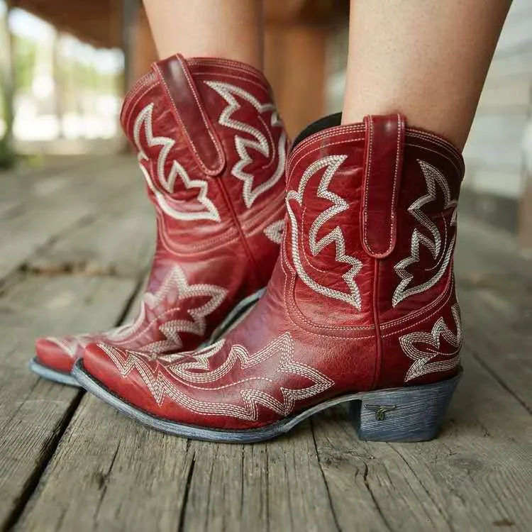 Womens Faux Leather Cowboy Ankle Boots With Embroidery Wedge