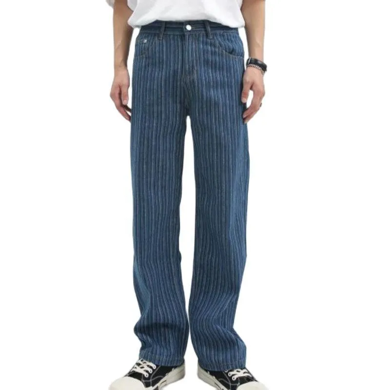 Calça jeans masculina com perna reta e listra azul fashion 230824