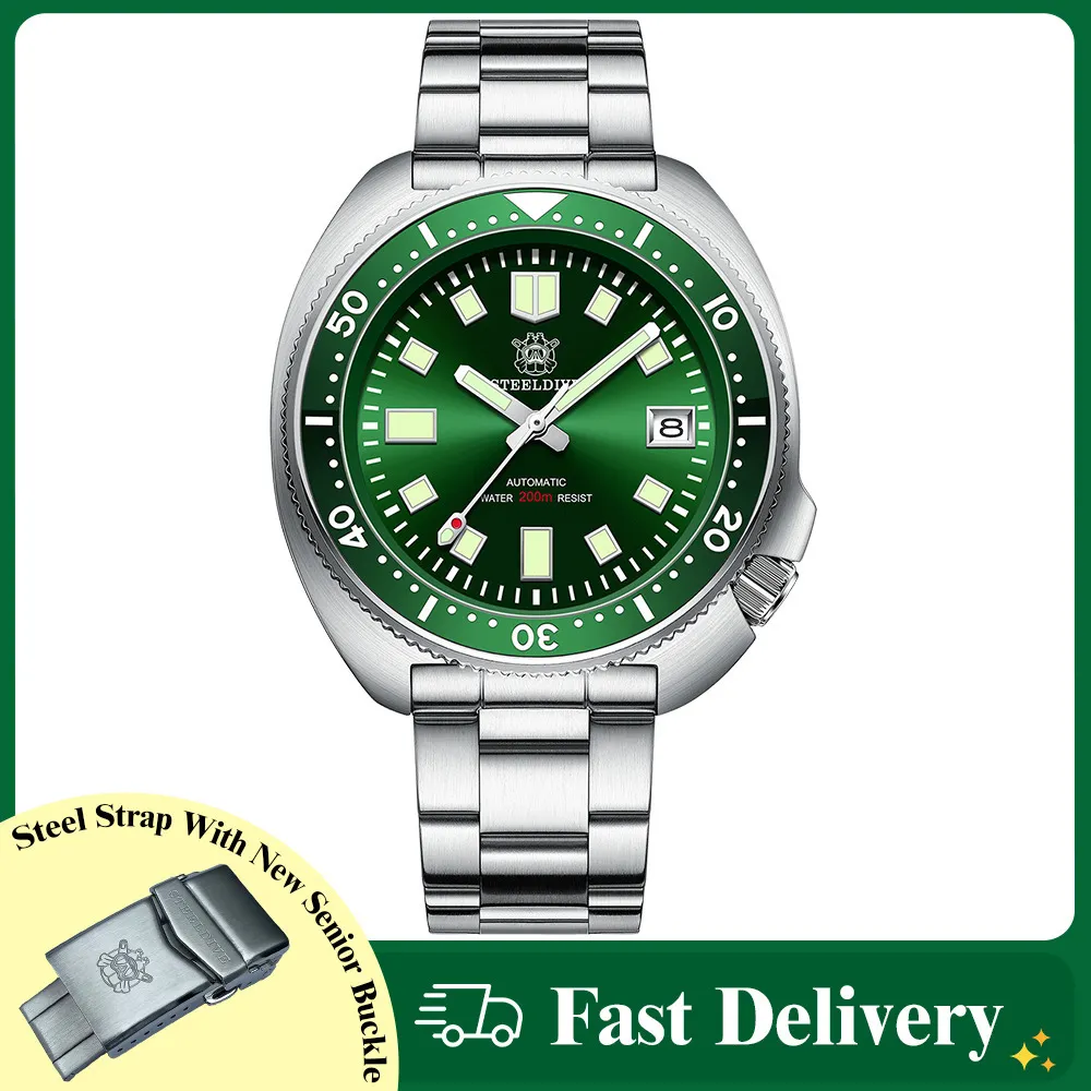 ساعة Wristwatches Steeldive SD1970 خلفية التاريخ الأبيض 200M Wateproof NH35 6105 Turtle Automatic Dive Diver Watch 230824