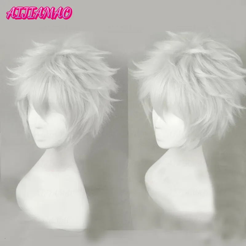 Cosplay Wigs Hunter x Hunter Killua Zoldyck Wig Short Men Wig Cosplay Silver Shaggy Layered Heat Resistant Synthetic Hair Wigs Wig Cap 230824