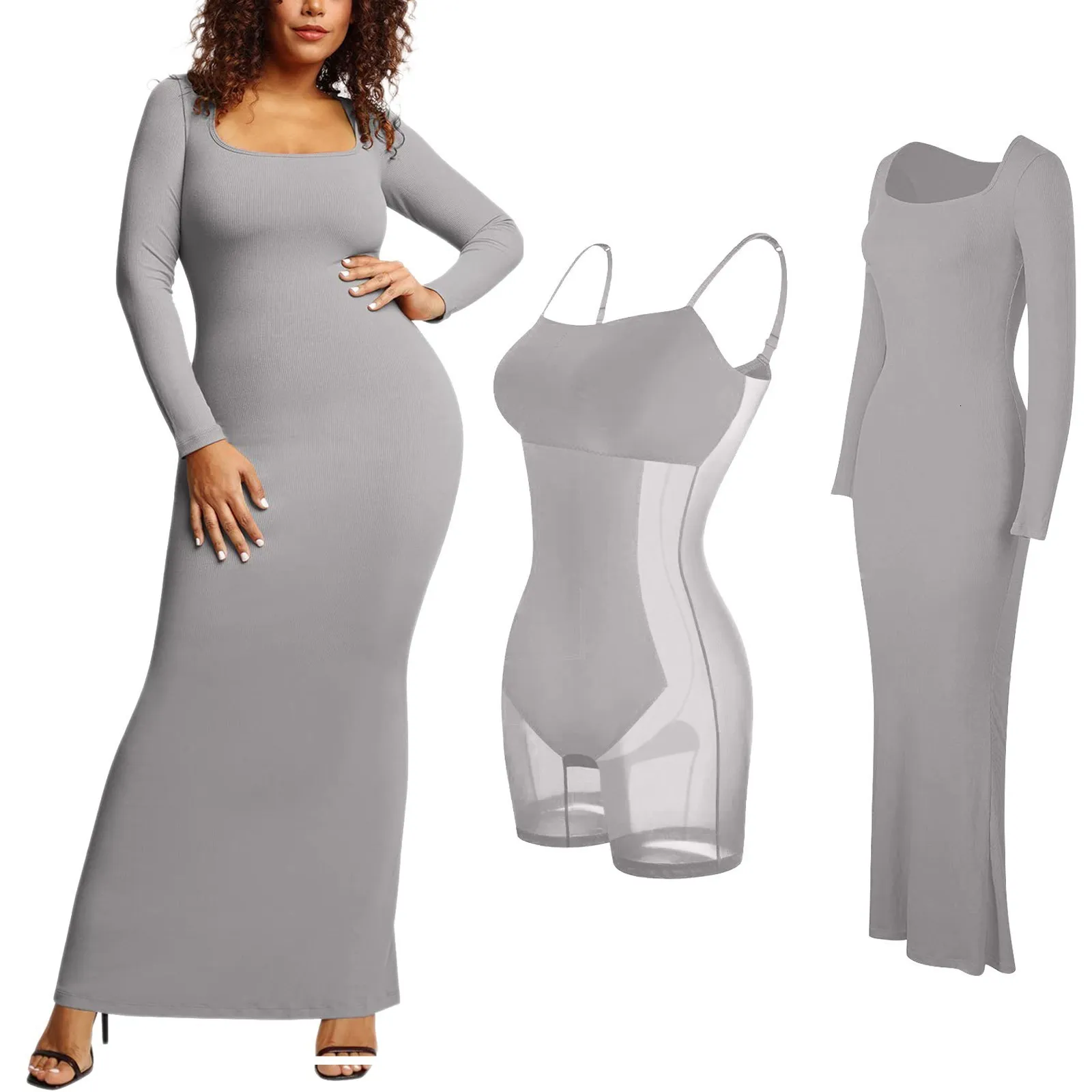 Hot Long Sleeve Body Shaper Dress Bodycon Maxi/Mini Built in