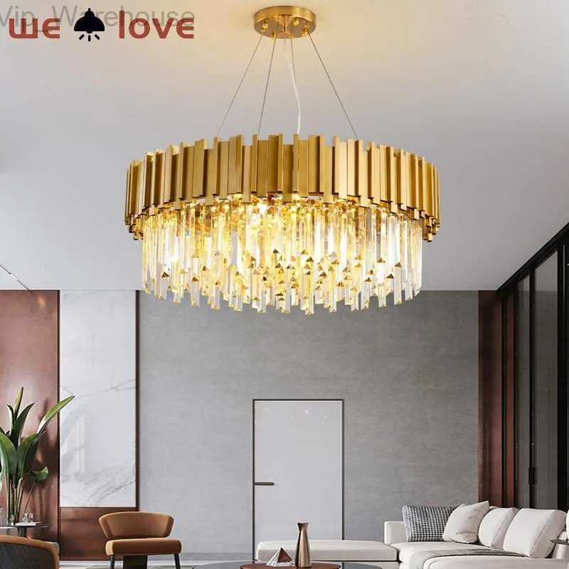 Moderna lámpara de araña de cristal dorado de lujo, iluminación LED de techo, lámpara colgante, sala de estar, Hotel, pasillo, decoración artística, lámpara colgante HKD230825