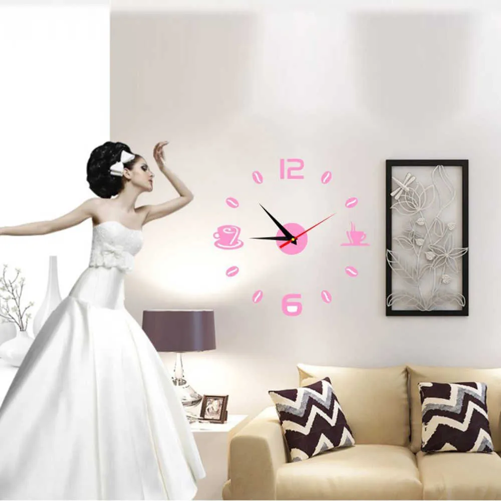 3D Wall Clock European Acrylic Wall Sticker Home Decoration Office Living Room Quartz Needle Coffee Cups Kitchen Wall Art Decor 6