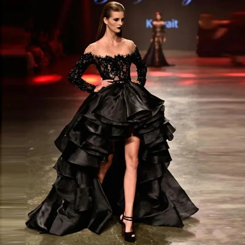 Retour Arabie arabe sexy haut bas robes de bal dentelle manches longues mode illusion bijou cou noir court avant longues robes de soirée