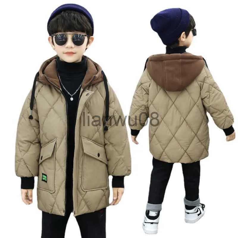 Para baixo casaco crianças grossas roupas de algodão jaquetas com capuz outerwear meninos inverno adolescente longo mais veludo quente parka casacos 314 anos x0825