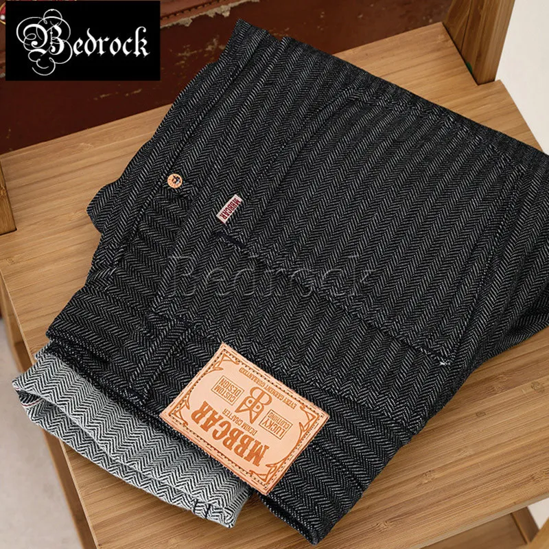 Męskie dżinsy MBBCAR 13 unz Herringbone Raw jeanse dżinsy Mężczyzny Oryginalne ciemnoniebieskie Striped Casual Pants Vintage Wash Slim Fit 7350 230825