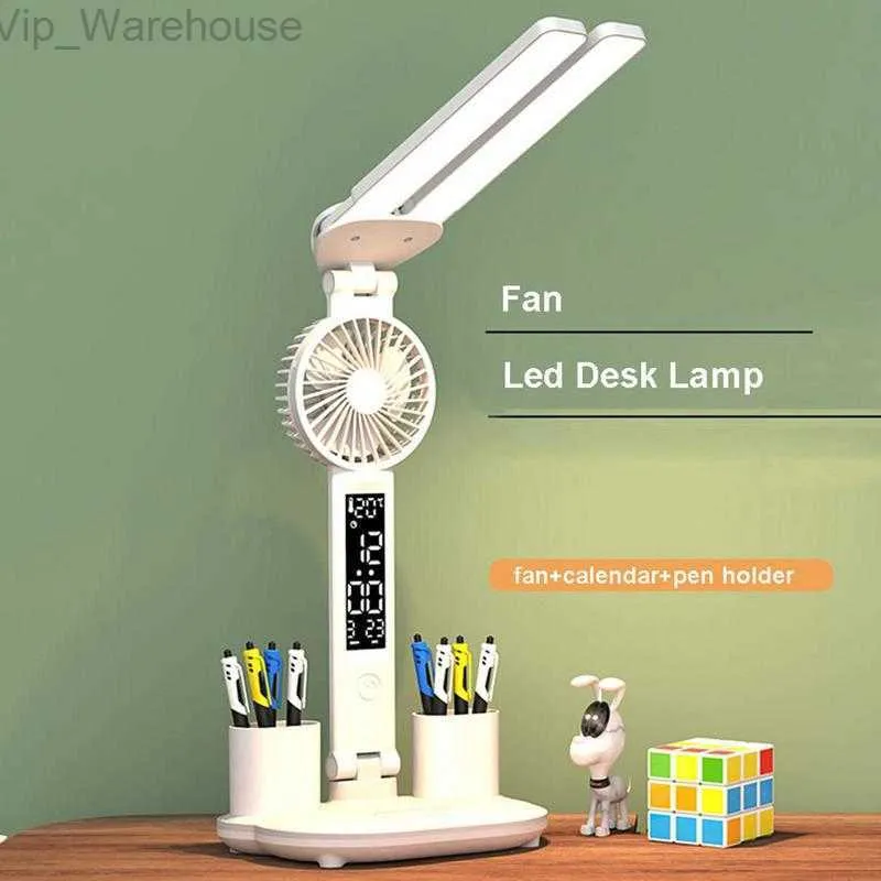 LED Desk Lamp With Mini Fan Dimmable Touch Screen Foldable Table Lamps With Calendar Clock Night Light USB Study Reading Light HKD230824