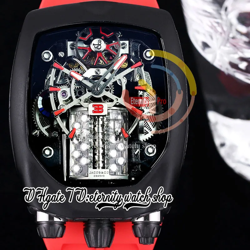 Bugatti Chiron Tourbillon Autoamtic Mens Watch 16 Cylinder Engine Skeleton Dial Black PVD Steel Case Blue Rubber Strap Super Edition eternity Watches BU200.21.AE.AB