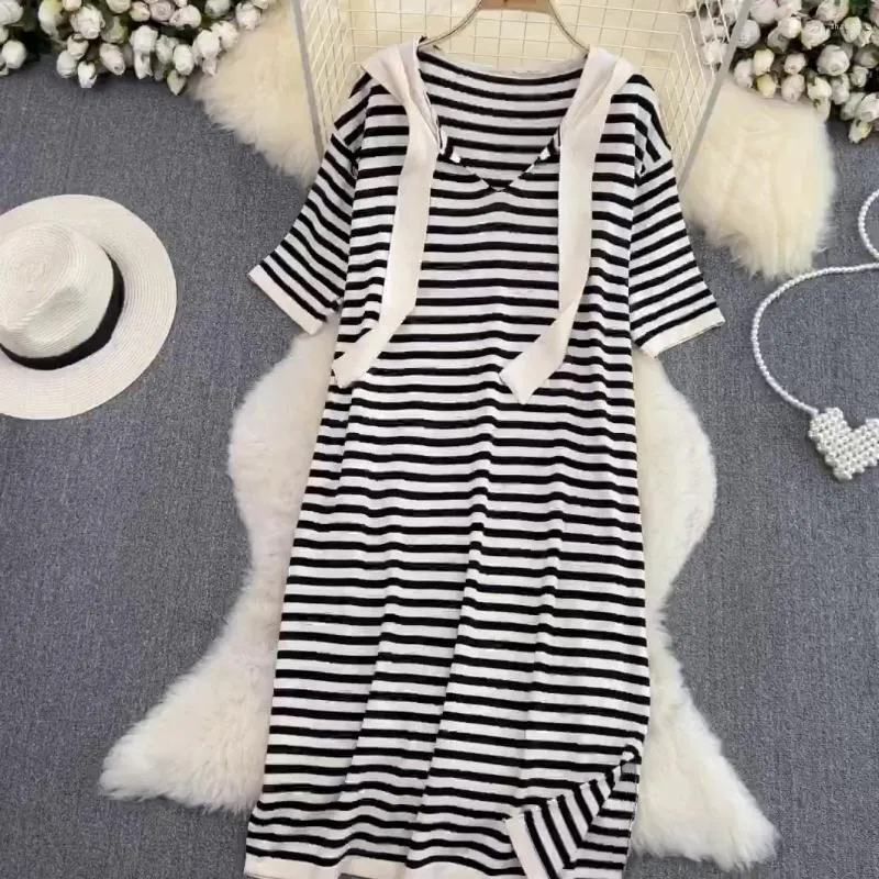 Casual Dresses Summer French Style Dress Loose Fit Shawl Design Medium Length Side Split Hooded Stripe Knitted A-Line Vestidos