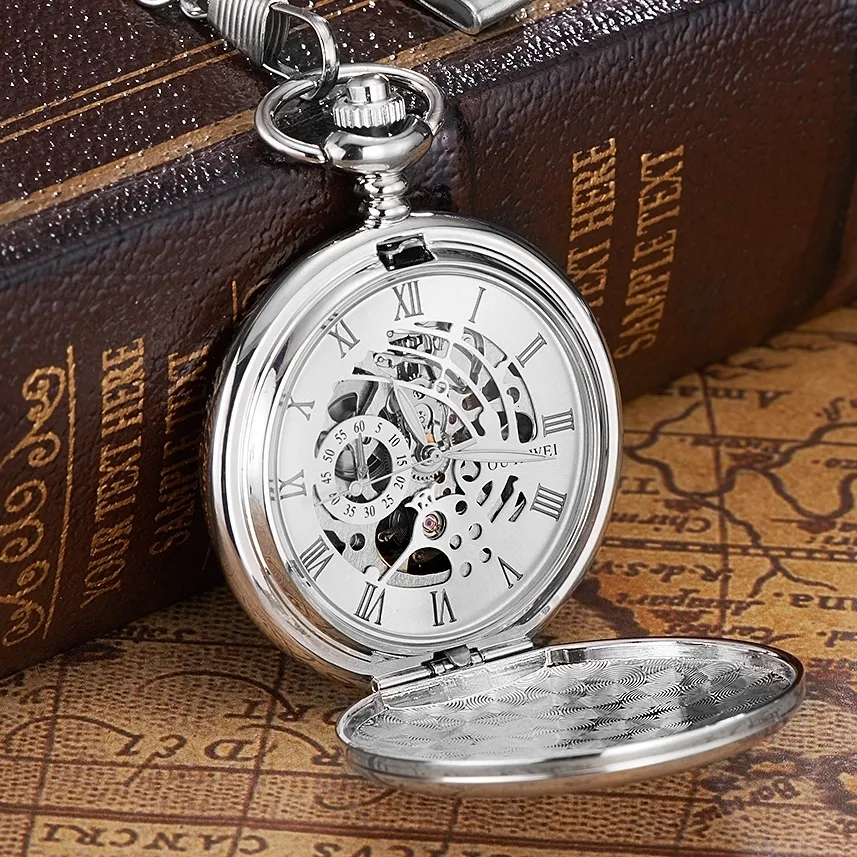 Pocket Watches OYW Brand Stainless Steel Men Fashion Casual Pocket Watch Skeleton dial Silver Hand Wind Mechanical Male Fob Chain Watches 230825