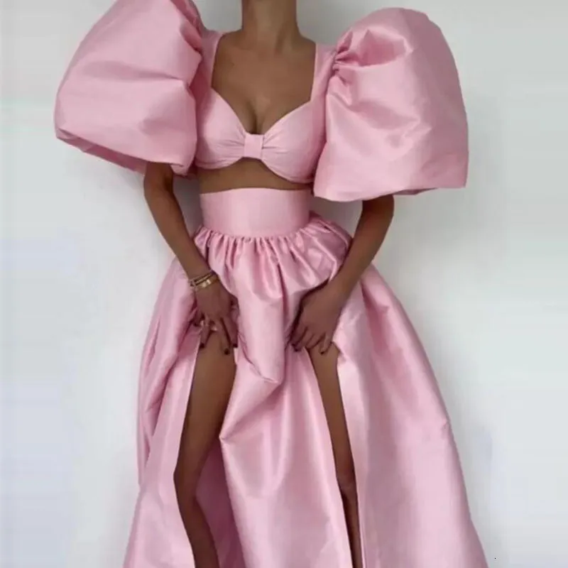 Robes décontractées de base Deux pièces rose femmes robe avec demi-manches bouffantes taille haute côté fendu robes de fête d'anniversaire formelles 230825