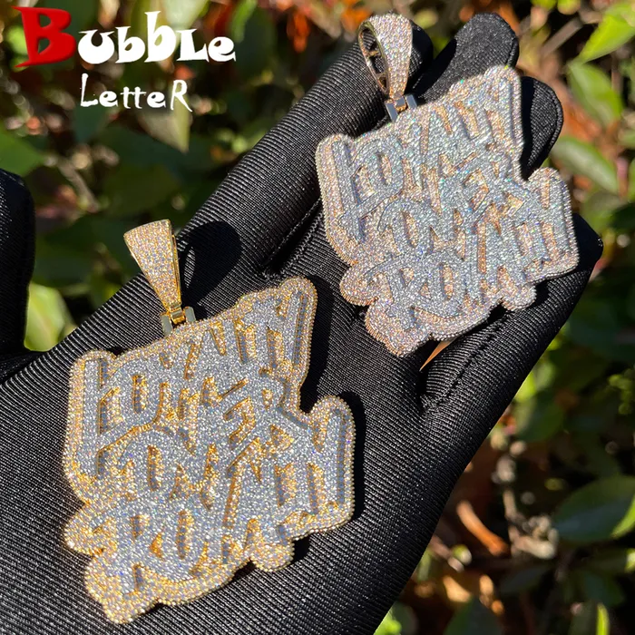 Pendant Necklaces Bubble Letter Iced Out Bling CZ Loyalty Over Royalty Pendant Necklace Cubic Zirconia Two Tone Color Charm Men HipHop Jewelry 230824