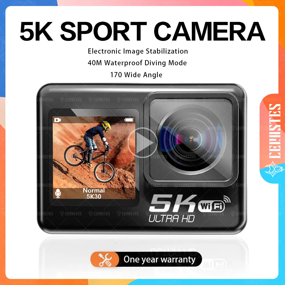 Caméras résistantes aux intempéries CERASTES 4K 5K 60FPS WiFi Caméra d'action anti-secousse double écran 170 grand angle 30m Sport étanche avec télécommande 230825