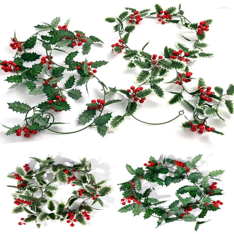 Decorative Flowers Christmas Artificial Holly Leaves Simulation Red Berry Rattan Wall Hanging Soft Wreath For DIY Xmas Party Home Decoration