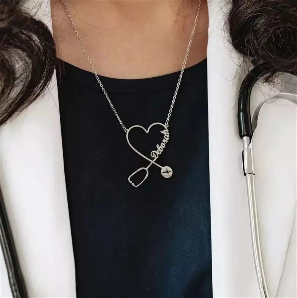 Personalized Stainless Steel Stethoscope Infinity Pendant Gold