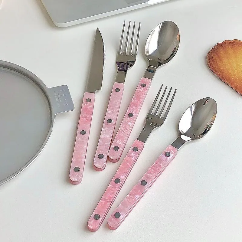 Conjuntos de louça rosa lidar com talheres conjunto de aço inoxidável colher garfo bife faca café estilo coreano utensílios de mesa