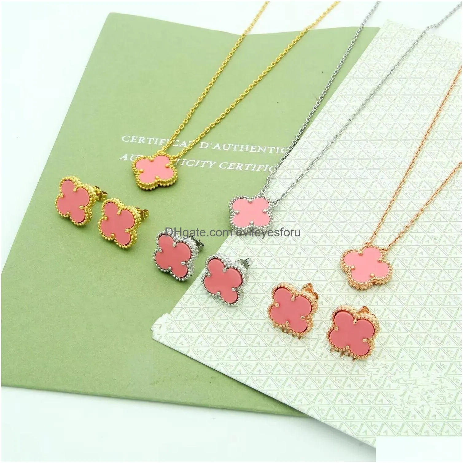 15Mm Luxury Logo Engrave Flower Pink Shell Pendant Necklace Earrings Four Leaf Clover 18K Gold Rose Sier 316L Stainless Steel Love Dhuls