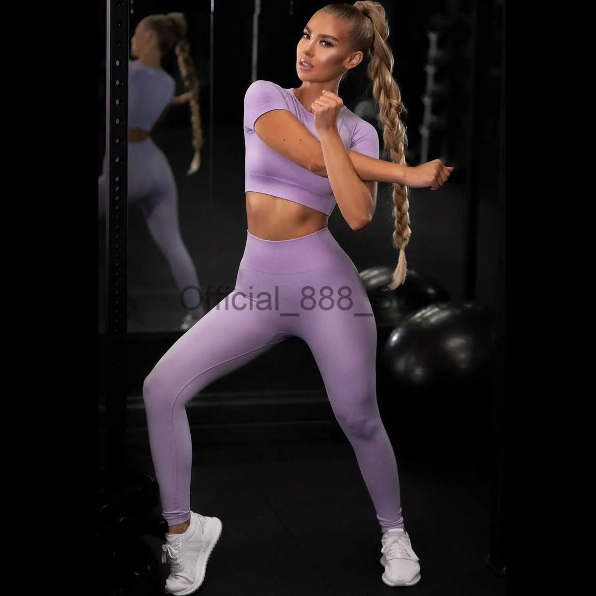 Womens Seamless Yoga Set Crop Top And Short Sleeve Purple Sports