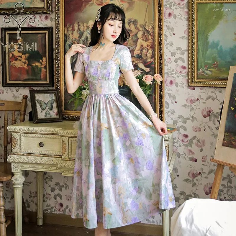 Sukienki imprezowe Yosimi 2023 Summer Vintage Print Long Dress Women Square Rleeve Square Court Style Midi Empire Empire