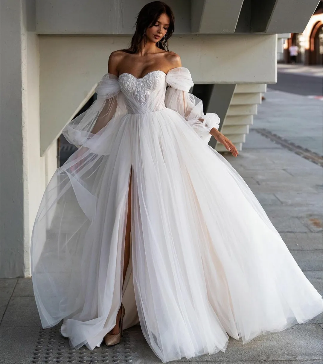 A-Line Bridal Dress with Off-the-Shoulder Sleeves for a Dreamy Look
