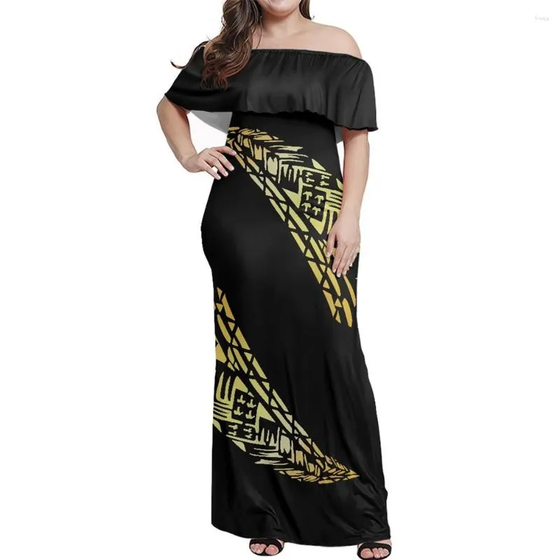 Casual Dresses Off Shoulder Dress Polynesian Tribal Hawaiian Black and Yellow Print Custom Ladies Sexy Summer Strapless Evening Party