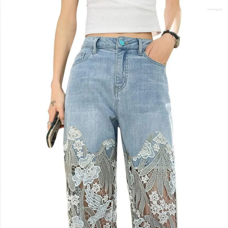 Jeans pour femmes 2023 Summer Femme Lâche et polyvalente Creux Out Dentelle Couture Denim Pantalon Femme Taille Haute Femme Pantalon décontracté P760