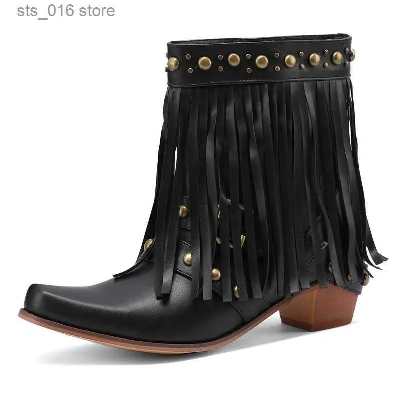 Tassels Punk Style Gothic Ankle For Women Autumn Winter Shoes Ladies High Heels Western Cowboy Short Boots Booties T230824