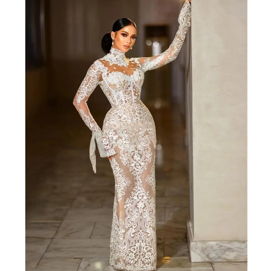 Arabic Lace Appliqued Mermaid Sparkly Wedding Dress with Illusion High Neck and Long Sleeves - Modest Aso Ebi Bridal Gown