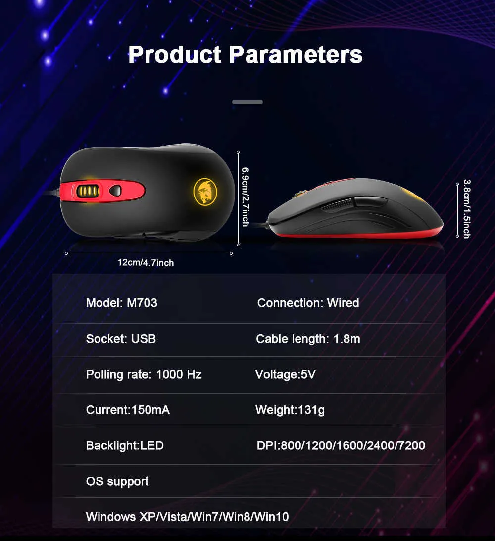 REDRAGON GERDERUS M703 RGB USB Wired Gaming Mouse 7200 DPI 7 Buttons ...