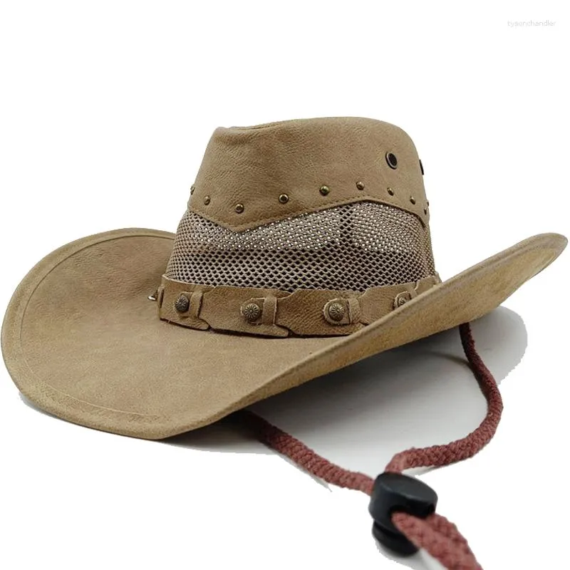 Bérets Rétro Unisexe Vintage Large Bord En Cuir Cowboy Cowgirl Western Chapeau Avec Gland Tresse Bande Taille 58-59 CM