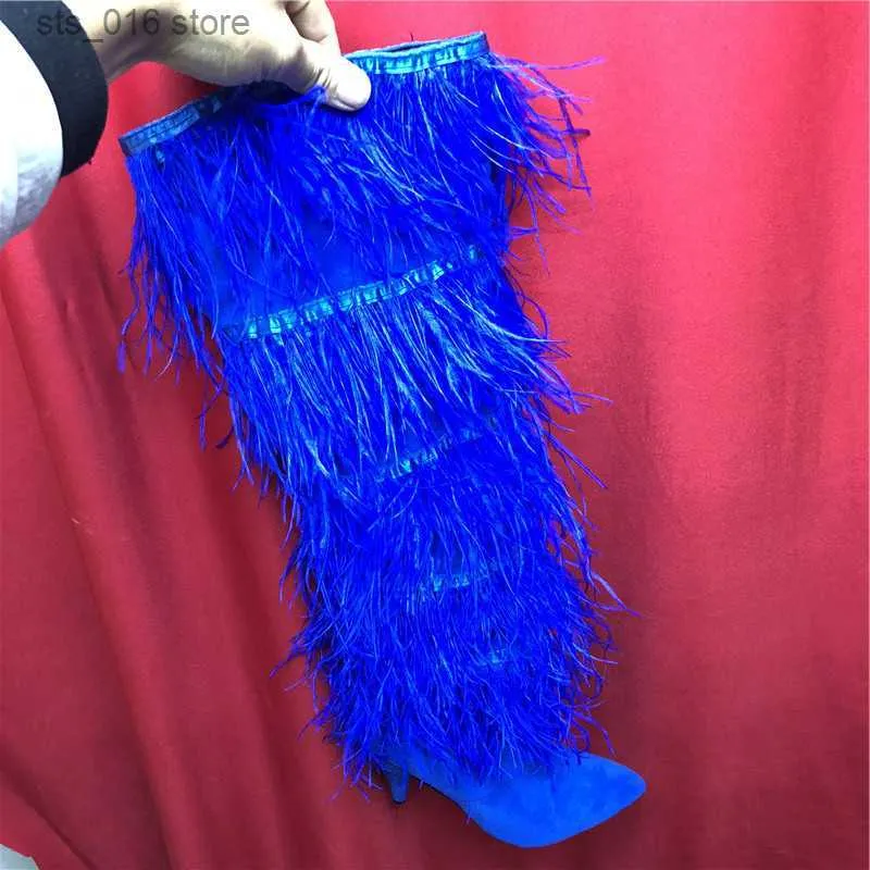 Sexy Ostrich Feather Suede High Heel Fringe Boots For Women Cross 