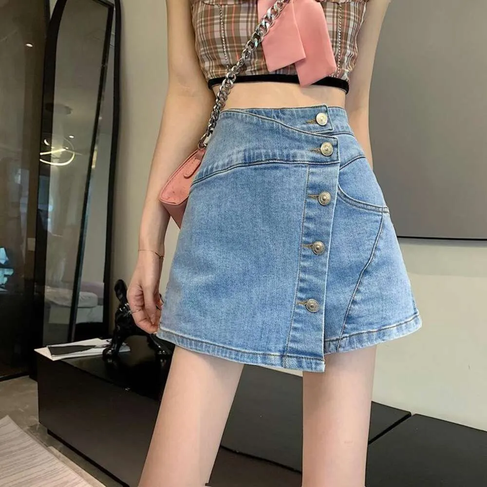 Single Breasted Denim Skirt With A Sense Of Design High Waist Slim Irregular Large Sized Fat Mm Wide Legged Line