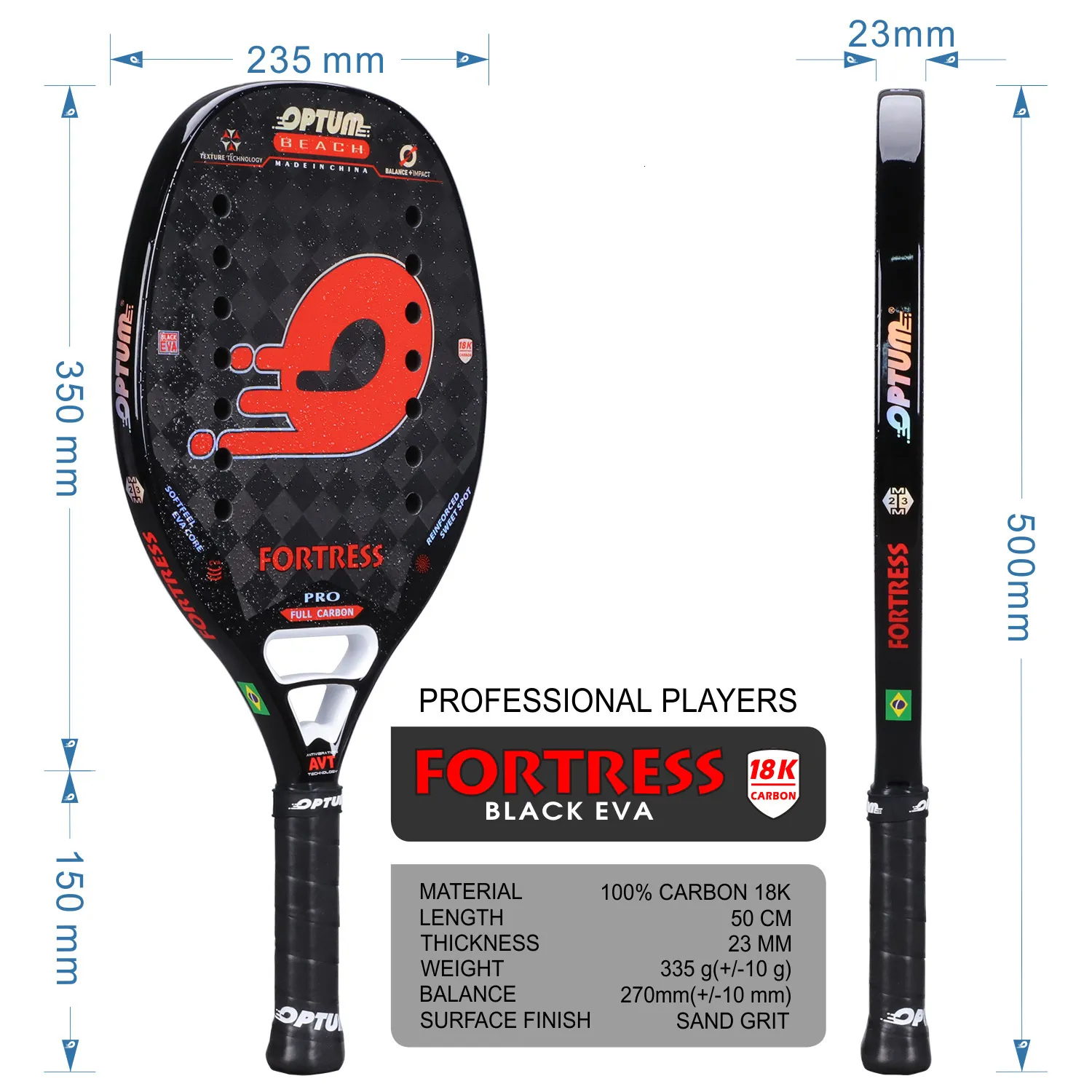 16 X 14 Protection Racket OPTUM FORTRESS 18K Carbon Fiber Beach Tennis Racket - Rough Surface, 14 ...