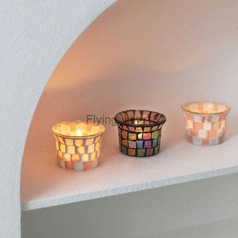 1 Pz Ins Stile Atmosfera Mosaico Colore Candeliere In Vetro Casa Soggiorno Tavolo Da Pranzo Decorazione Squisita Candeliere HKD230825