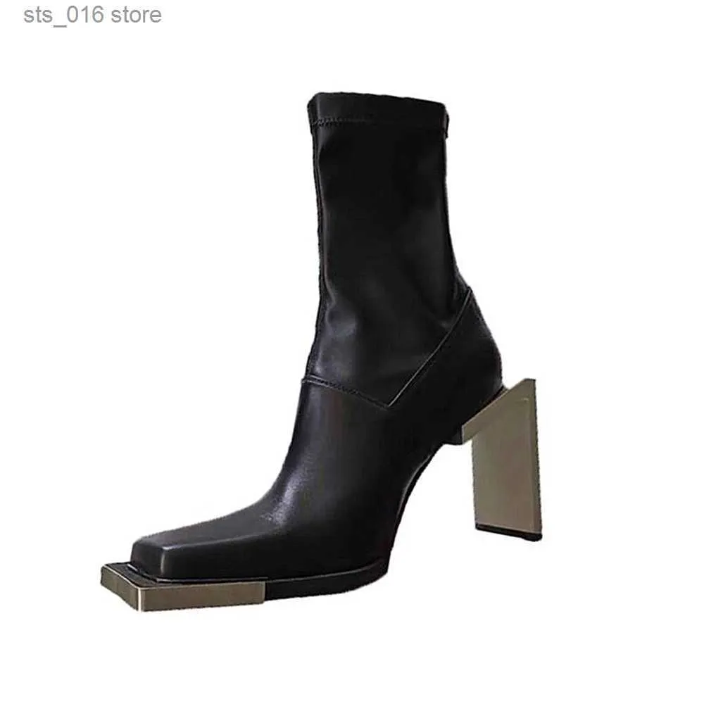 Boots New Autumn Winter Women Ankle Boots Fashion Sexy Metal High Heel Back Zipper Square Head Strange Style Thin Women Short Boots T230824