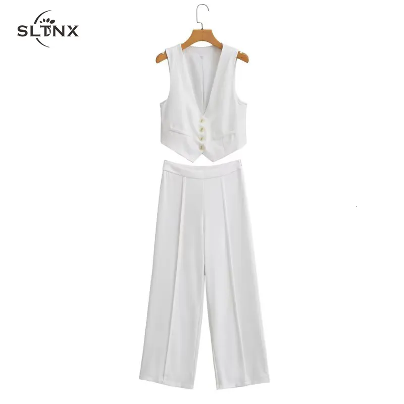 Women's Suits Blazers SLTNX Fashion Linen Pant Sets for Women Women's V-Neck Vest Wide Leg Pants 2 Pieces Sets Ladies High Waist Trousers Set 230824