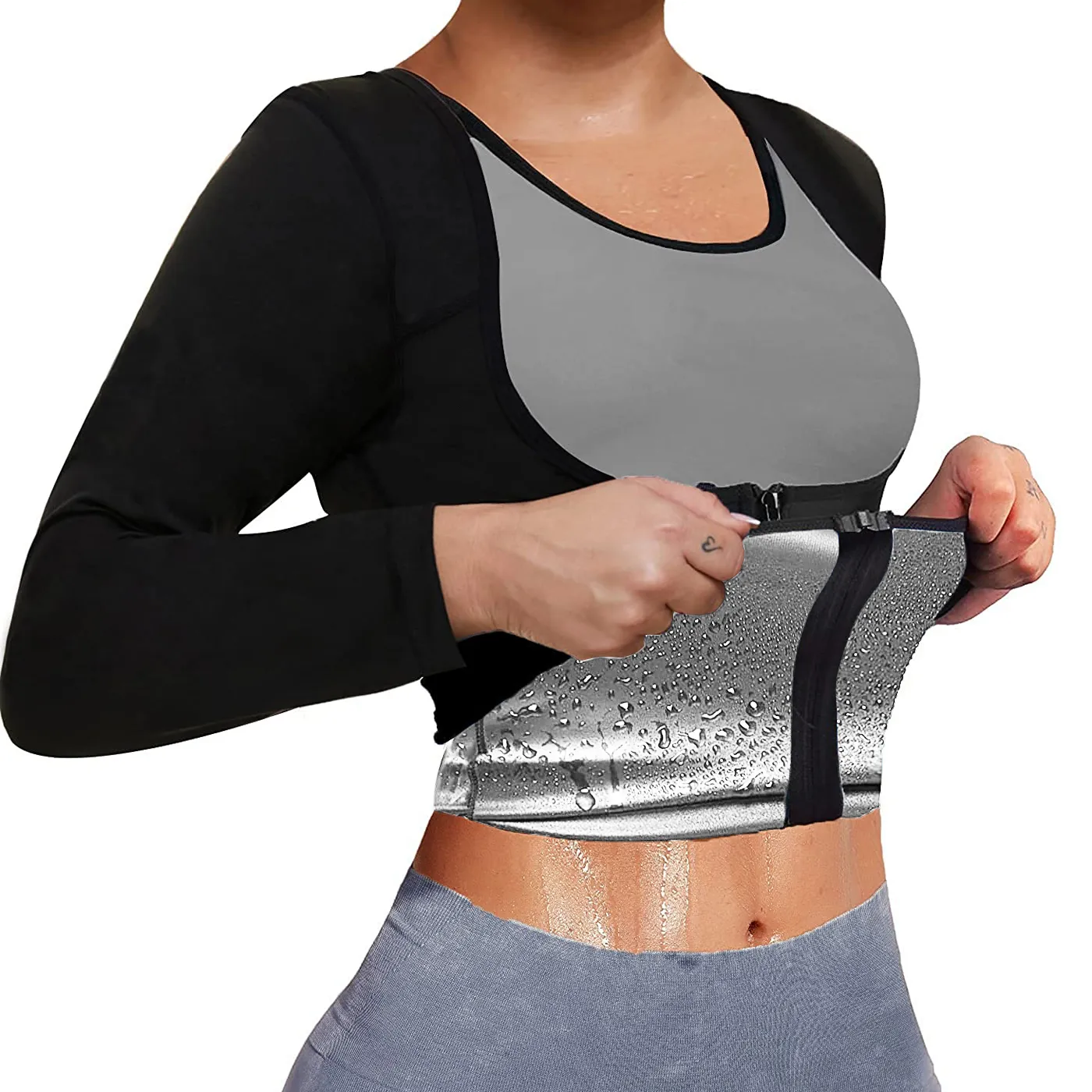 Midjan Mage Shaper Lisa Sweat Bastu Suit For Women Sweat Body Trainer Långärmad blixtlås Skjorta Träning Topp Silver 230825