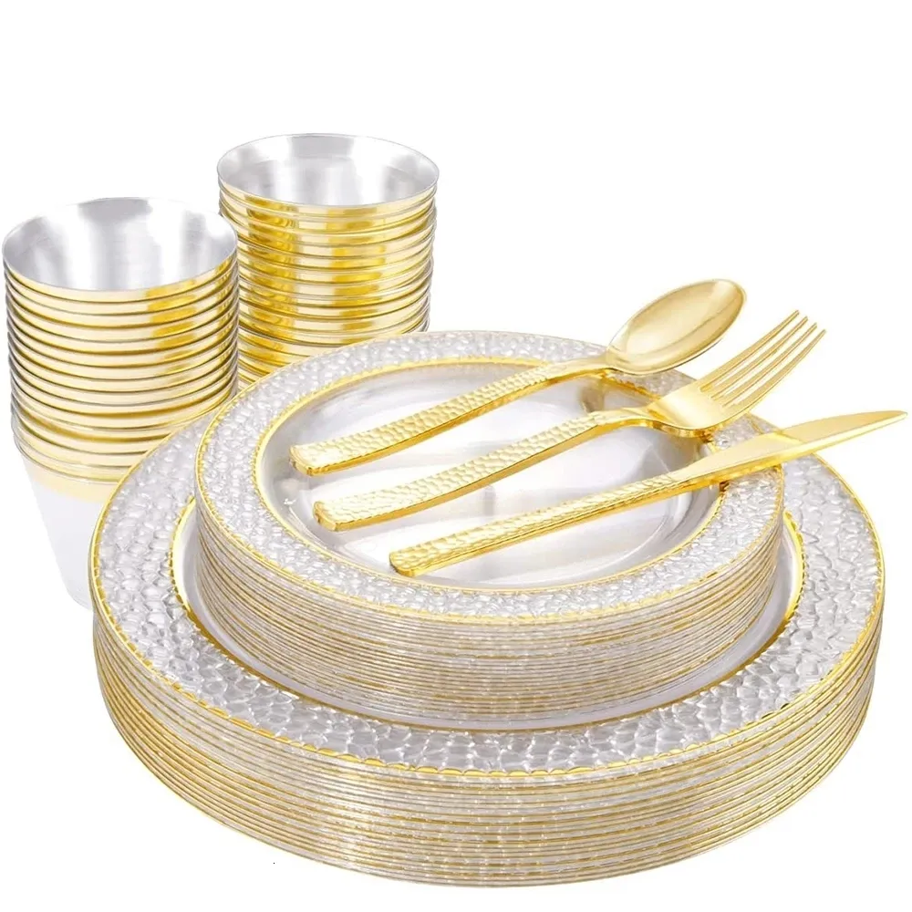 Dostępne naczynia obiadowe Transparent Gold Plastic Tray z srebrnym kubkiem Zestaw urodzinowy przyjęcie weselne 10 -osobowe pakiet 230825