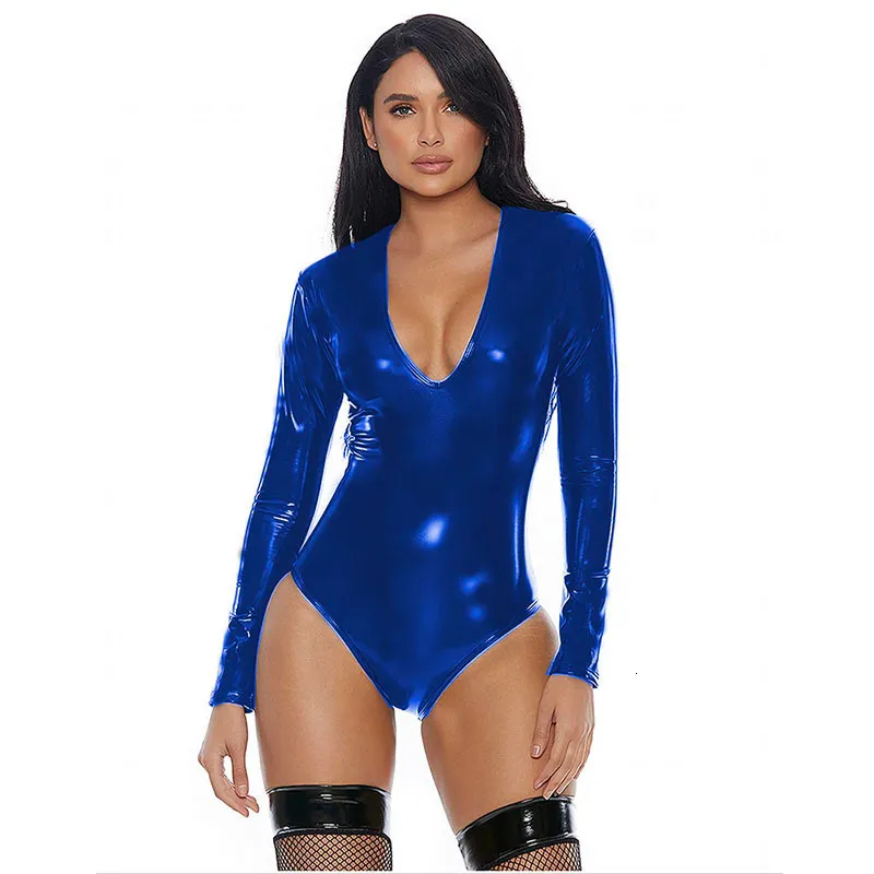 Womens Jumpsuits Rompers Plus Size Deep Vneck High Cut Bodysuit Long Sleeve Catsuit Back Zipper Faux Leather Leotard Glitter Dancing Cosplay Costume 230824