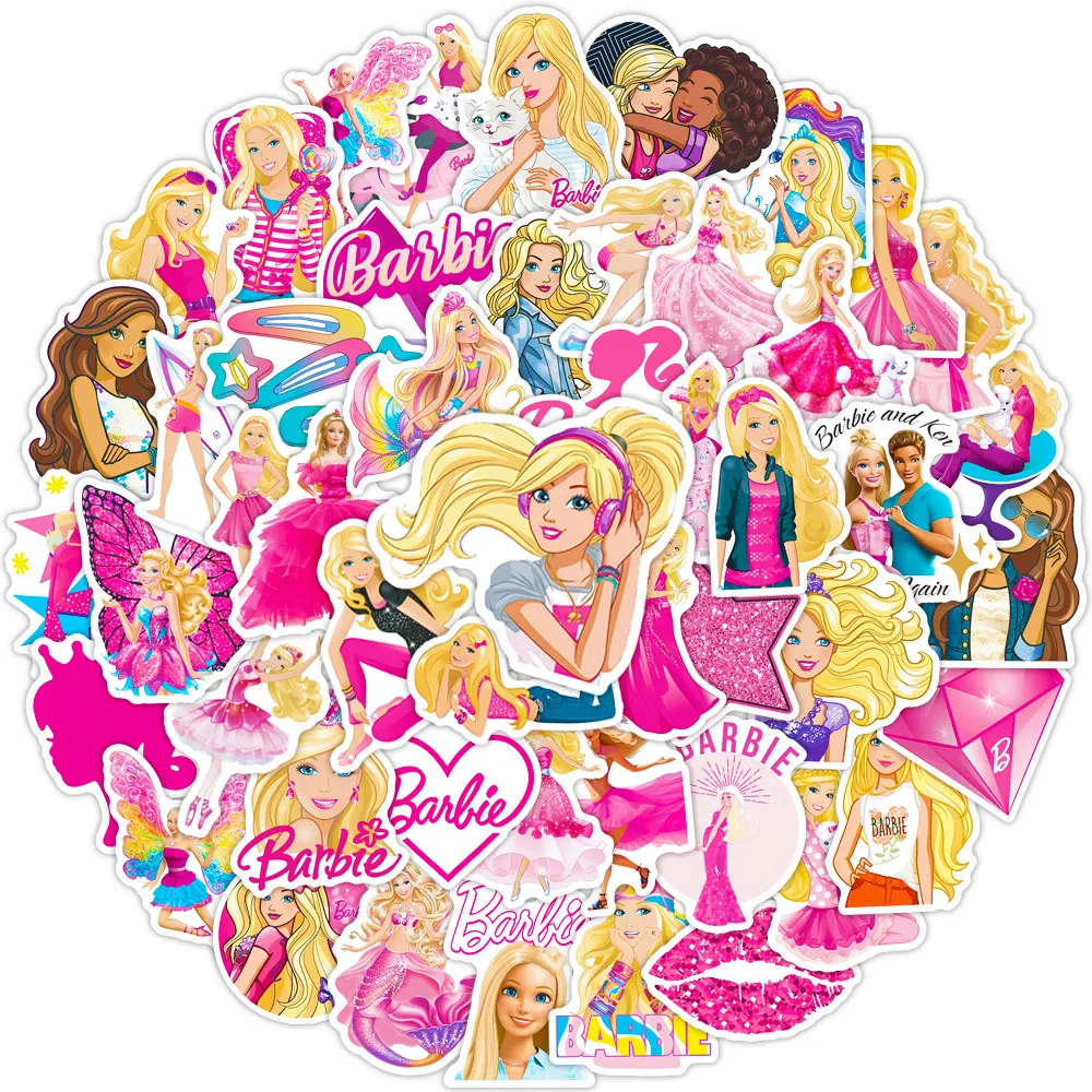 Confezione da 50 adesivi Barbie cartoni animati adesivi in vinile impermeabili per bagagli bottiglia d'acqua laptop auto pianificatore scrapbooking telefono Mac decalcomanie