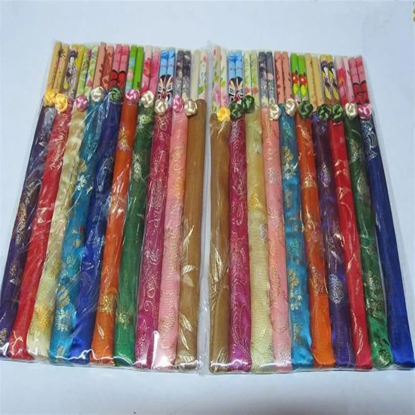 Personalized Wedding Party Disposable Chopsticks with Silk Pouch Wood Chopstick Favors 10pair pack mix color253o
