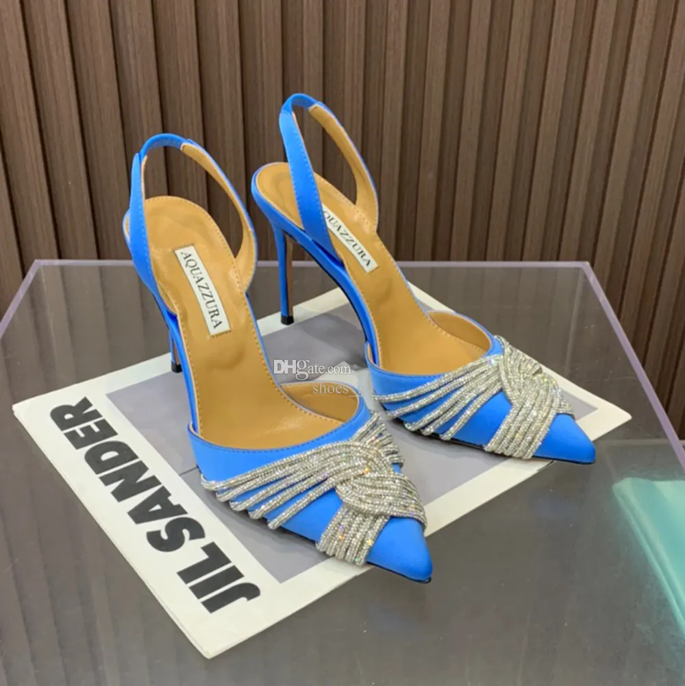 Aquazzura Blue Satin Rhinestone Cross Decoration Pumps Shoes Swing Heels For Women Cheeled Luxurys Designers Dress Sling Slingback Factory Footwear