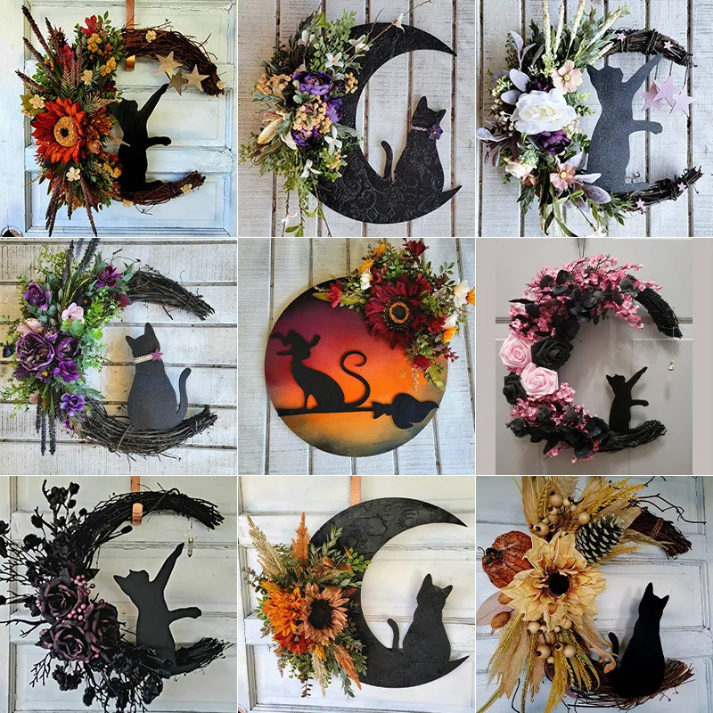 Autres fournitures de fête d'événement Lune Chat Couronne de fleurs Halloween Porte créative Suspendue Ornement mural en bois naturel Base en rotin Maison de chasse Décor de jardin 230824