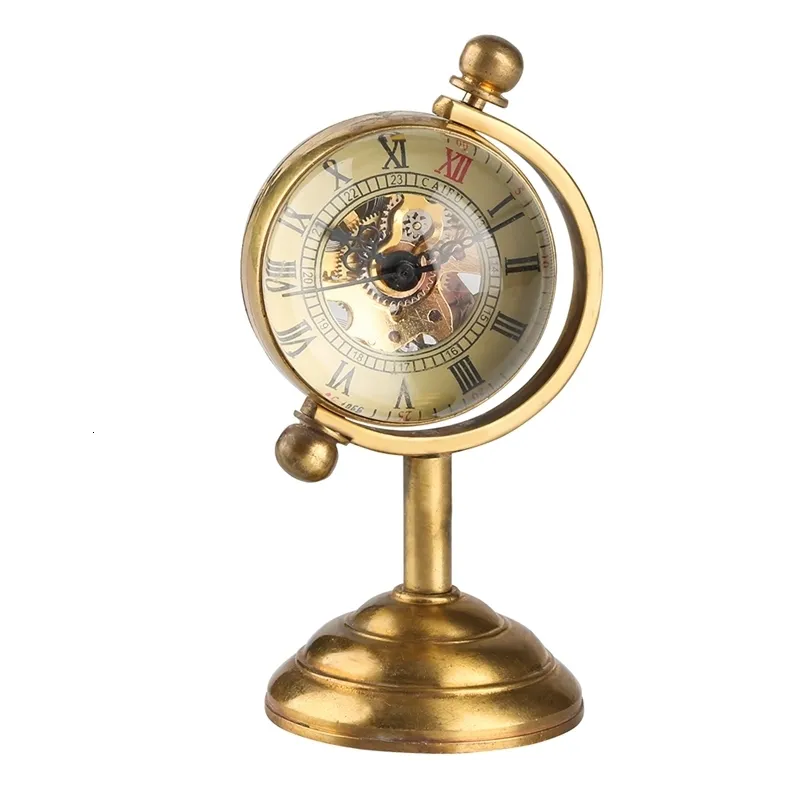 Pocket Watches Retro Copper Spinning Globe Gold Desk Mechanical Pocket Watch Hand Winding Movement Home Office Luxury Decoration As Collectible 230825