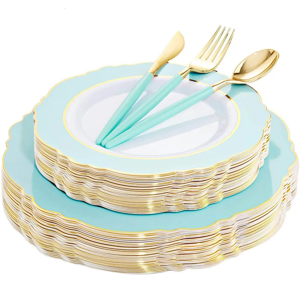 Vaisselle jetable 50 pièces ensemble de vaisselle de fête plateau en plastique avec bord en or rose vert baroque avec ustensiles en argent adapté au mariage 230825