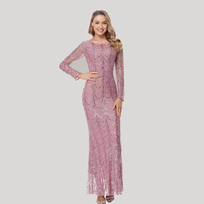 Robes décontractées Élégant Bodycon Paillettes Maxi Soirée Pour Femmes Rose Noir Élégant Brillant Perlé Robe De Soirée Formelle À Manches Longues Robes De Bal