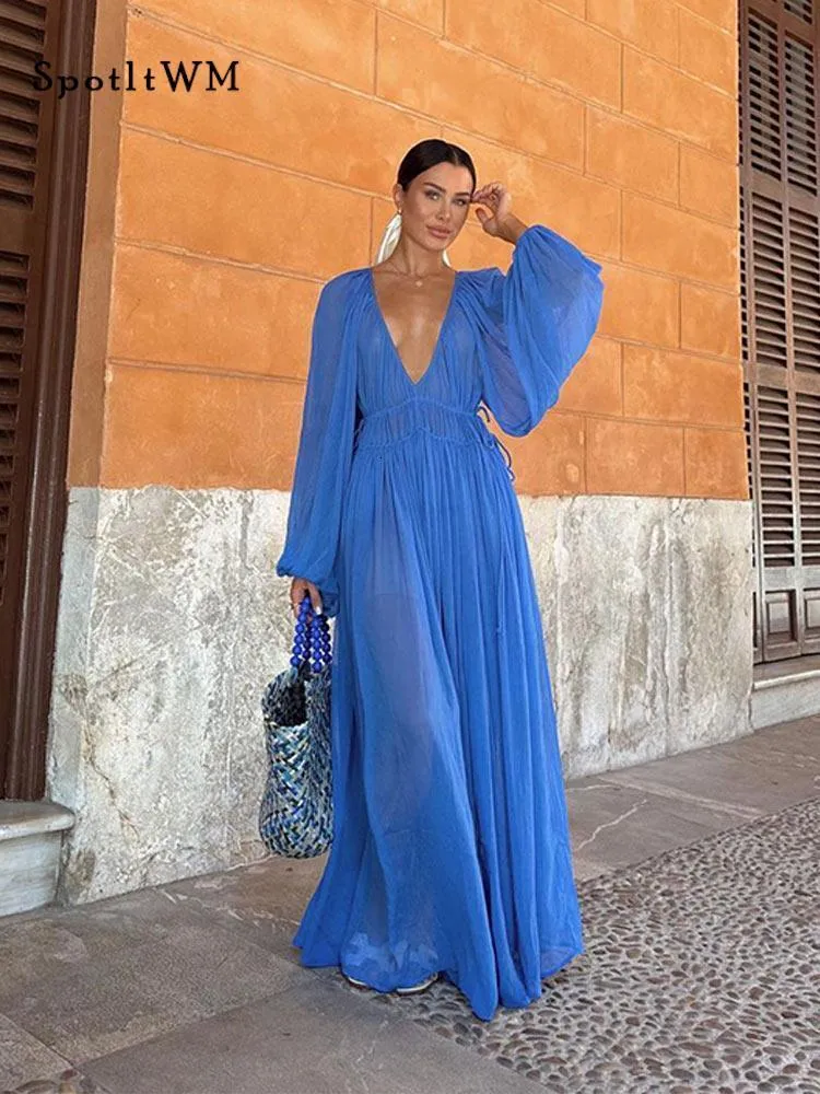 Basic Casual Dresse Solid Deep Vneck Long Dress Sexy Sleeve See Through High Waist Dresses 2023 Summer Fashion Female Vacation Robes 230825