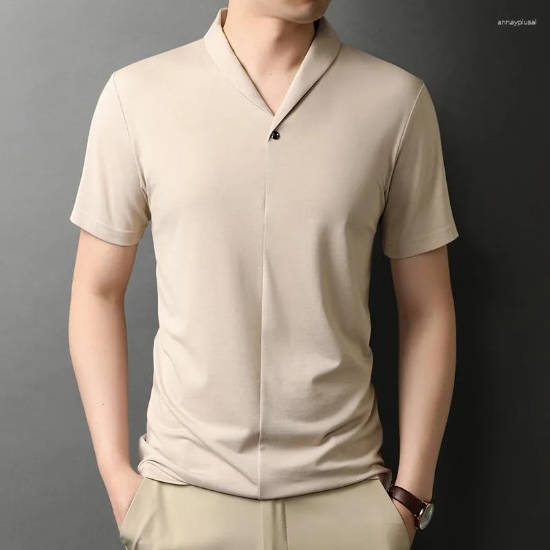 Men s Polos White Elegant Overshirt Mens Wide T shirts With Collar Black Silk Soft Tee Summer Fashion Man Clothes Large Size V neck Blouse