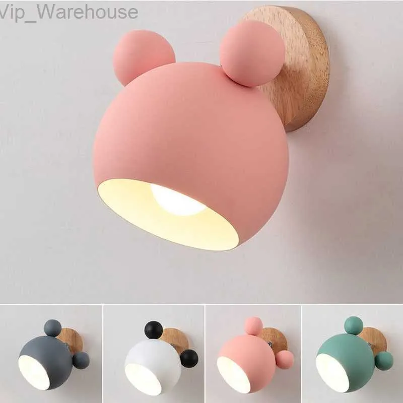 Lámparas de pared nórdicas de madera E27, apliques de pared coloridos para habitación de niños de dibujos animados bonitos, lámpara de noche decorativa de macarrón para niños HKD230824