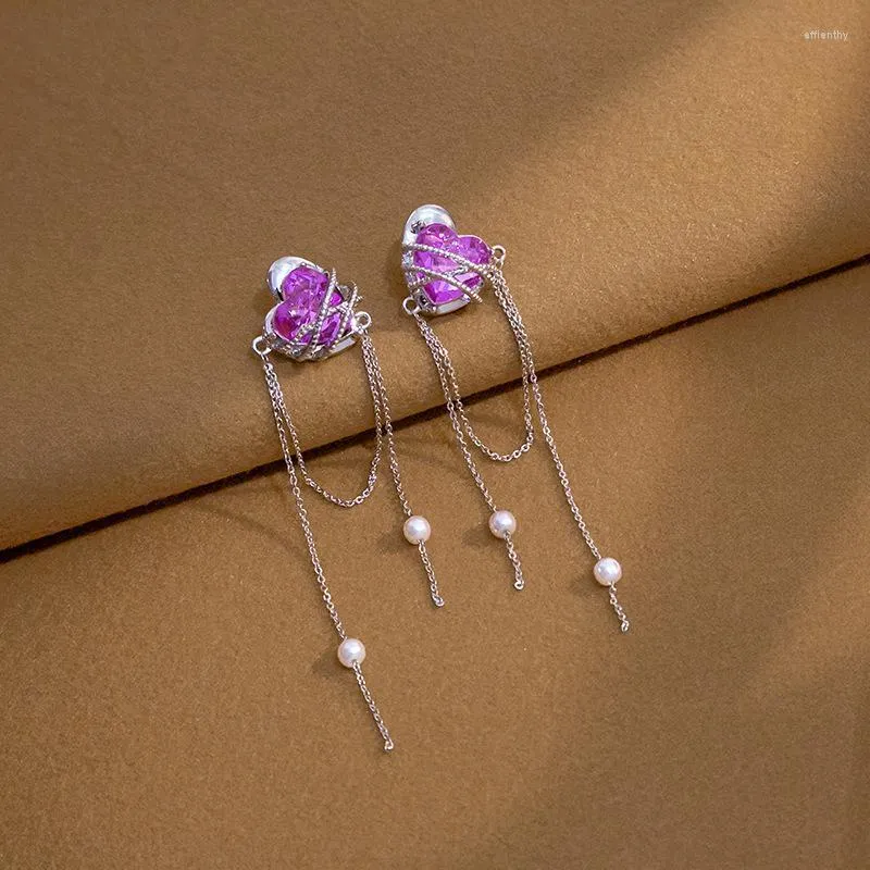 Kolczyki Dangle Pink Purple Love Heart Pearl Long Tassel słodki romantyczny łańcuch cyrkon kryształ dla kobiet biżuteria dziewczyna